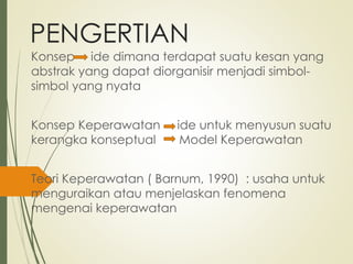 PENGERTIAN
Konsep ide dimana terdapat suatu kesan yang
abstrak yang dapat diorganisir menjadi simbol-
simbol yang nyata
Konsep Keperawatan ide untuk menyusun suatu
kerangka konseptual Model Keperawatan
Teori Keperawatan ( Barnum, 1990) : usaha untuk
menguraikan atau menjelaskan fenomena
mengenai keperawatan
 