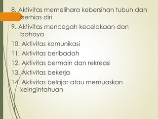 8. Aktivitas memelihara kebersihan tubuh dan
berhias diri
9. Aktivitas mencegah kecelakaan dan
bahaya
10. Aktivitas komunikasi
11. Aktivitas beribadah
12. Aktivitas bermain dan rekreasi
13. Aktivitas bekerja
14. Aktivitas belajar atau memuaskan
keingintahuan
 