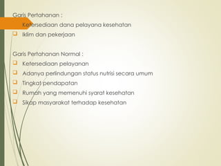 Garis Pertahanan :
 Ketersediaan dana pelayana kesehatan
 Iklim dan pekerjaan
Garis Pertahanan Normal :
 Ketersediaan pelayanan
 Adanya perlindungan status nutrisi secara umum
 Tingkat pendapatan
 Rumah yang memenuhi syarat kesehatan
 Sikap masyarakat terhadap kesehatan
 