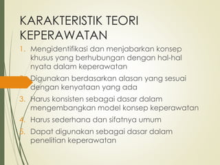 KARAKTERISTIK TEORI
KEPERAWATAN
1. Mengidentifikasi dan menjabarkan konsep
khusus yang berhubungan dengan hal-hal
nyata dalam keperawatan
2. Digunakan berdasarkan alasan yang sesuai
dengan kenyataan yang ada
3. Harus konsisten sebagai dasar dalam
mengembangkan model konsep keperawatan
4. Harus sederhana dan sifatnya umum
5. Dapat digunakan sebagai dasar dalam
penelitian keperawatan
 