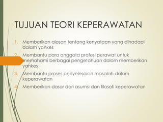 TUJUAN TEORI KEPERAWATAN
1. Memberikan alasan tentang kenyataan yang dihadapi
dalam yankes
2. Membantu para anggota profesi perawat untuk
memahami berbagai pengetahuan dalam memberikan
yankes
3. Membantu proses penyelesaian masalah dalam
keperawatan
4. Memberikan dasar dari asumsi dan filosofi keperawatan
 