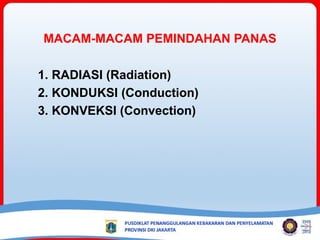 MACAM-MACAM PEMINDAHAN PANAS
1. RADIASI (Radiation)
2. KONDUKSI (Conduction)
3. KONVEKSI (Convection)
 