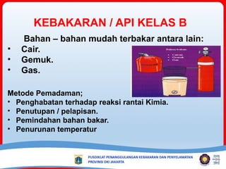 KEBAKARAN / API KELAS B
Bahan – bahan mudah terbakar antara lain:
• Cair.
• Gemuk.
• Gas.
Metode Pemadaman;
• Penghabatan terhadap reaksi rantai Kimia.
• Penutupan / pelapisan.
• Pemindahan bahan bakar.
• Penurunan temperatur
 