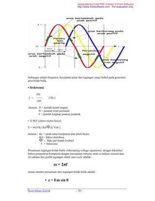 _____________________________________________________________________
Teori Dasar Listrik - 10 -
hubungan antara frequensi, kecepatan putar dan tegangan yang timbul pada generator
arus bolak balik.
• frekwensi.
PN
ƒ = —— [ Hz ]
120
dimana : P = jumlah kutub magnit.
N = putaran rotor permenit
F = jumlah lengkap putaran perdetik.
• E.M.F (eletro motor force).
E = 44,4 Kc Kd ƒ[ Volt ]
dimana : Kc = jarak antar kumparan atau pitch factor.
Kd = faktor distribusi.
= fluks per kutub [weber]
f = frekwensi.
Persamaan tegangan bolak-balik (Alternating voltage equations). dengan diketahui
bahwa perputaran kumparan dengan percepatan tertentu yaitu ω radians second atau
2π radians dan grafik tegangan untuk satu cycle adalah :
ω = 2πf
sesuai standar persamaan dari tegangan bolak-balik adalah :
• e = Em sin θ
Generated by Foxit PDF Creator © Foxit Software
http://www.foxitsoftware.com For evaluation only.
 