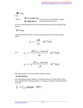 _____________________________________________________________________
Teori Dasar Listrik - 15 -
maka
dimana (teori cara-cara membangkitkan tegangan
berbentuk gelombang sinus)
Garis gaya elektromagnit (Ν) akan berubah-ubah menurut garis sinus dengan harga
puncak
sebagaimana diketahui, bahwa besarnya tegangan induksi eL ditetapkan dengan
rumus :
jadi :
Besarnya tegangan arus bolak-balik dari generator adalah :
dan disambungkan dengan induktor L sehingga mengalir arus bolak-balik iL yang
akan terbelakang 90º terhadap tegangan ”e” sehingga iL tersebut mempunyai bentuk
rumus sbb :
Generated by Foxit PDF Creator © Foxit Software
http://www.foxitsoftware.com For evaluation only.
 