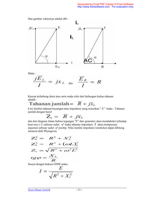 _____________________________________________________________________
Teori Dasar Listrik - 21 -
Dan gambar vektornya adalah sbb :
Maka :
dan
Karena terhubung deret atau serie maka nilai dari hubungan kedua tahanan
adalah :
h ini disebut tahanan bayangan atau impedansi yang notasikan ” Z ” maka : Tahanan
jumlah dengan huruf
dan dari diagram diatas bahwa tegangan ”E” dari generator akan mendahului terhadap
kuat arus ( I ) sebesar sudut φº maka tahanan impedansi Ž akan mempunyai
argumen sebesar sudut φº positip. Nilai mutlak impedansi (modulus) dapat dihitung
menurut dalil Phytagoras.
Sesuai dengan hukum OHM maka :
Generated by Foxit PDF Creator © Foxit Software
http://www.foxitsoftware.com For evaluation only.
 