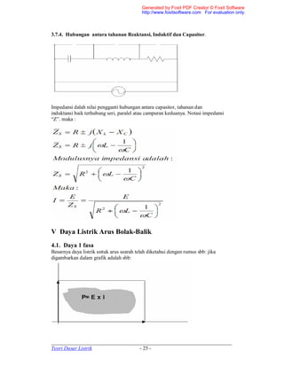 _____________________________________________________________________
Teori Dasar Listrik - 25 -
3.7.4. Hubungan antara tahanan Reaktansi, Induktif dan Capasitor.
Impedansi dalah nilai pengganti hubungan antara capasitor, tahanan dan
induktansi baik terhubung seri, paralel atau campuran keduanya. Notasi impedansi
“Z”. maka :
V Daya Listrik Arus Bolak-Balik.
4.1. Daya 1 fasa
Besarnya daya listrik untuk arus searah telah diketahui dengan rumus sbb: jika
digambarkan dalam grafik adalah sbb:
Generated by Foxit PDF Creator © Foxit Software
http://www.foxitsoftware.com For evaluation only.
 