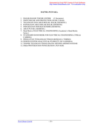 _____________________________________________________________________
Teori Dasar Listrik - 33 -
DAFTRA PUSTAKA.
1. DASAR-DASAR TEKNIK LISTRIK ( F.Suryatmo)
2. SWITCHGEAR AND PROTECTION (SUNIL S RAO)
3. TEGANGAN DAN ARUS BOLAK- BALIK (SIEMENS )
4. RANGKAIAN ARUS BOLAK-BALIK (SIEMENS)
5. INDUKSI DAN INDUKSI SENDIRI (SIEMENS)
6. ARUS PUTAR ( SIEMENS )
7. Hand Book of ELECTRICAL ENGINEERING (Academic’s Hand Books
Series )
8. STANDARD HAND BOOK FOR ELECTRICAL ENGINEERING ( FINK &
CARROLL
9. PERALATAN TENGANGAN TINGGI (BONGAS L TOBING)
10. POWER SYSTEM ANALYSYS & STABILITY (SS VADHERA).
11. TEKNIK TEGANGAN TINGGI (Prof.Dr ARTONO ARISMUNANDAR
12. Diktat PROTEKSI DAN PENGUKURAN ( PLN KJB)
Generated by Foxit PDF Creator © Foxit Software
http://www.foxitsoftware.com For evaluation only.
 