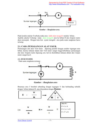 _____________________________________________________________________
Teori Dasar Listrik - 7 -
Gambar : Rangkaian arus.
Pada kondisi sakelar S terbuka maka arus tidak akan mengalir melalui beban .
Apabila sakelar S ditutup maka akan mengalir arus ke beban R dan Ampere meter
akan menunjuk. Dengan kata lain syarat mengalir arus pada suatu rangkaian harus
tertutup.
2.1. CARA PEMASANGAN ALAT UKUR.
Pemasangan alat ukur Volt meter dipasang parallel dengan sumber tegangan atau
beban, karena tahanan dalam dari Volt meter sangat tinggi.Sebaliknya pemasangan
alat ukur Ampere meter dipasang seri, hal ini disebabkan tahanan dalam dari Amper
meter sangat kecil.
2.2. HUKUM OHM.
Pada suatu rangkaian tertutup :
Gambar : Rangkaian arus
Besarnya arus I berubah sebanding dengan tegangan V dan berbanding terbalik
dengan beban tahanan R, atau dinyatakan dengan Rumus :
BEBAN
Generated by Foxit PDF Creator © Foxit Software
http://www.foxitsoftware.com For evaluation only.
 