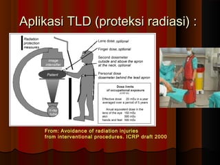 Aplikasi TLD (proteksi radiasi) :




    From: Avoidance of radiation injuries
    from interventional procedures. ICRP draft 2000
 
