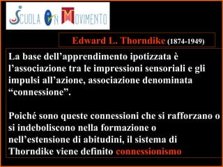 13
La base dell’apprendimento ipotizzata è
l’associazione tra le impressioni sensoriali e gli
impulsi all’azione, associazione denominata
“connessione”.
Poiché sono queste connessioni che si rafforzano o
si indeboliscono nella formazione o
nell’estensione di abitudini, il sistema di
Thorndike viene definito connessionismo
Edward L. Thorndike (1874-1949)
 