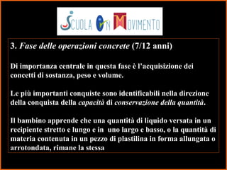 24
3. Fase delle operazioni concrete (7/12 anni)
Di importanza centrale in questa fase è l’acquisizione dei
concetti di sostanza, peso e volume.
Le più importanti conquiste sono identificabili nella direzione
della conquista della capacità di conservazione della quantità.
Il bambino apprende che una quantità di liquido versata in un
recipiente stretto e lungo e in uno largo e basso, o la quantità di
materia contenuta in un pezzo di plastilina in forma allungata o
arrotondata, rimane la stessa
 