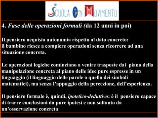 25
4. Fase delle operazioni formali (da 12 anni in poi)
Il pensiero acquista autonomia rispetto al dato concreto:
il bambino riesce a compiere operazioni senza ricorrere ad una
situazione concreta.
Le operazioni logiche cominciano a venire trasposte dal piano della
manipolazione concreta al piano delle idee pure espresse in un
linguaggio (il linguaggio delle parole o quello dei simboli
matematici), ma senza l’appoggio della percezione, dell’esperienza.
Il pensiero formale è, quindi, ipotetico-deduttivo: è il pensiero capace
di trarre conclusioni da pure ipotesi e non soltanto da
un’osservazione concreta
 