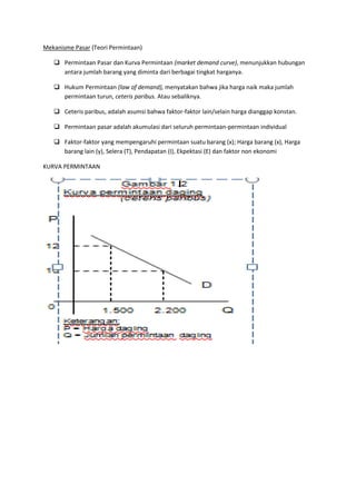 Mekanisme Pasar (Teori Permintaan)
 Permintaan Pasar dan Kurva Permintaan (market demand curve), menunjukkan hubungan
antara jumlah barang yang diminta dari berbagai tingkat harganya.
 Hukum Permintaan (law of demand), menyatakan bahwa jika harga naik maka jumlah
permintaan turun, ceteris paribus. Atau sebaliknya.
 Ceteris paribus, adalah asumsi bahwa faktor-faktor lain/selain harga dianggap konstan.
 Permintaan pasar adalah akumulasi dari seluruh permintaan-permintaan individual
 Faktor-faktor yang mempengaruhi permintaan suatu barang (x); Harga barang (x), Harga
barang lain (y), Selera (T), Pendapatan (I), Ekpektasi (E) dan faktor non ekonomi
KURVA PERMINTAAN
 