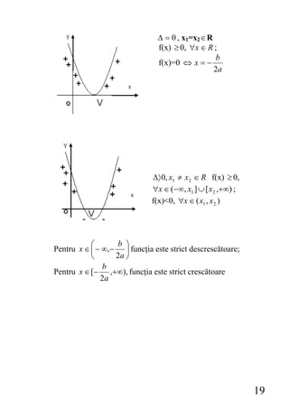 Δ = 0 , x1=x2 ∈ R
                               f(x) ≥ 0, ∀x ∈ R ;
                                                 b
                               f(x)=0 ⇔ x = −
                                                 2a




                             Δ〉 0, x1 ≠ x 2 ∈ R f(x) ≥ 0,
                             ∀x ∈ (−∞, x1 ] ∪ [ x 2 ,+∞) ;
                             f(x)<0, ∀x ∈ ( x1 , x 2 )




           ⎛      b ⎞
Pentru x ∈ ⎜ − ∞,− ⎟ funcţia este strict descrescătoare;
           ⎝      2a ⎠
               b
Pentru x ∈ [− ,+∞), funcţia este strict crescătoare
              2a




                                                             19
 