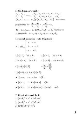 5. Sir de rapoarte egale:
a1  a               a   a + a 2 + a 3 + .... + a n ;
   = 2 = ......... = n = 1
b1  b2              bn  b1 + b 2 + b 3 + ..... + b n
(a 1 , a 2 , a 3 ,...... a n )şi (b 1 , b 2 , b 3 ,.... b n )     sunt direct
                          a1 a 2       a
proporţionale ⇔             =    = .. = n = k .
                          b1 b2        bn
 (a 1 , a 2 , a 3 ,...... a n )şi (b 1 , b 2 , b 3 ,.... b n ) sunt invers
proporţionale        ⇔ a1 ⋅ b1 = a 2 ⋅ b2 = .. = a n ⋅ bn

6. Modulul numerelor reale Proprietăţi:
                ⎧
                ⎪ a,      a〉0
                ⎪
 a      def     ⎨ 0,      a = 0
                ⎪
                ⎪− a,      a 〈0
                ⎩

1.    a ≥ 0,       ∀a ∈ R ;             2.       a = 0,       ⇔ a = 0;

3.   a = −a,         ∀a ∈ R ;           4.       a = b,       ⇔ a = ±b ;
                                                 a   a
5.    a ⋅b = a ⋅ b    ;                     6.     =      ;
                                                 b   b
7.    a − b ≤ a±b ≤ a + b               ;

8.    x = a,       ⇒ x = ± a,         a〉 0 ;

9.     x ≤ a,       ⇔ x ∈ [− a, a],              a〉 0 ;

10.    x ≥ a,       ⇔ x ∈ [−∞,− a] ∪ [a,+∞],                    a〉 0 .


7. Reguli de calcul în R
1. (a + b ) = a 2 + 2ab + b 2 ;
               2


2. (a − b ) = a 2 − 2ab + b 2 ;
               2


3. (a+b)(a-b= a 2 -b 2 ;


                                                                                3
 