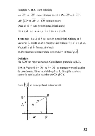 Punctele A, B, C sunt coliniare
⇔ AB si AC sunt coliniari ⇔ ∃λ ∈ Ra.i. AB = λ ⋅ AC .

AB CD ⇔ AB si CD sunt coliniari;
Dacă u şi v sunt vectori necoliniari atunci
∃x, y ∈ R a.i. x ⋅ u + y ⋅ v = 0 ⇔ x = y = 0 .

Teoremă: Fie a şi b doi vectori necoliniari. Oricare ar fi
vectorul v , există α , β ∈ R(unice) astfel încât v = α ⋅ a + β ⋅ b .
Vectorii a şi b formează o bază.
                                                       ( )
α , β se numesc coordonatele vectorului v în baza a, b .

Definiţie:
Fie XOY un reper cartezian. Considerăm punctele A(1,0),

B(0,1). Vectorii i = OA si j = OB se numesc versorii axelor
de coordonate. Ei au modulul egal cu 1, direcţiile axelor şi
sensurile semiaxelor pozitive cu OX şi OY.


      ( )
Baza i, j se numeşte bază ortonormată.




                                                                  32
 