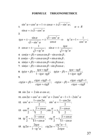 FORMULE             TRIGONOMETRICE


      sin 2 α + cos 2 α = 1 ⇒ cos α = ± 1 − sin 2 α ;
1.                                                         α ∈ R
      sin α = ± 1 − cos α   2

2.
               sin α              1 − cos 2 α                     1
tgα = ±                      =±               ⇒   tg 2α + 1 =           ;
             1 − sin α 2            cos α                       cos 2 α
                     1                       tgα
3.   cos α = ±              ; sin α = ±               ;
                  1 + tg 2α                1 + tg 2α
4.   cos(α + β ) = cos α cos β − sin α sin β ;
5.   cos(α − β ) = cos α cos β + sin α sin β ;
6.   sin(α + β ) = sin α cos β + sin β cos α ;
7.   sin(α − β ) = sin α cos β − sin β cos α ;
                    tgα + tgβ                      tgα − tgβ
8.   tg (α + β ) =               ; tg (α − β ) =                ;
                   1 − tgα ⋅ tgβ                  1 + tgα ⋅ tgβ
9.
                  ctgα ⋅ ctgβ − 1                       ctgα ⋅ ctgβ + 1
ctg (α + β ) =                    ;    ctg (α − β ) =                   ;
                   ctgα + ctgβ                           ctgα − ctgβ

10. sin 2α = 2 sin         α cos α ;
11.   cos 2α = cos 2 α − sin 2 α = 2 cos 2 α − 1 = 1 − 2 sin 2 α
                1 + cos 2α                1 − cos 2α
12.   cos 2 α =             ; sin 2 α =                ;
                      2                         2
           α       1 + cos α      α        1 − cos α
13.   cos = ±                ; sin = ±               ;
            2           2         2             2
         α       1 − cos α          α        1 + cos α
14.   tg = ±                ; ctg = ±
          2      1 + cos α          2        1 − cos α
                2tgα                  ctg α − 1
                                          2
15.   tg 2α =            ; ctg 2α =               ;
              1 − tg α
                     2
                                        2ctgα
                                                                        37
 