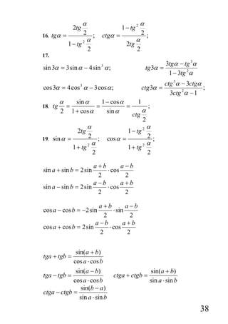 α                               α
                 2tg                         1 − tg 2
16. tgα =               2 ;         ctgα =                  2;
                            α                           α
             1 − tg     2
                                                  2tg
                            2                           2
17.
                                                                     3tgα − tg 3α
sin 3α = 3 sin α − 4 sin α ;        3
                                                             tg 3α =
                                                                      1 − 3tg 2α
                                                                     ctg 3α − 3ctgα
cos 3α = 4 cos α − 3 cos α ;
                    3
                                                            ctg 3α =                ;
                                                                       3ctg 2α − 1
         α         sin α     1 − cos α                  1
18. tg       =             =           =                        ;
         2       1 + cos α     sin α                        α
                                                    ctg
                                                            2
                            α                                   α
                   2tg                            1 − tg 2
19. sin α =                 2 ;         cos α =                 2;
                            2 α                             2 α
                 1 + tg                           1 + tg
                                2                               2

                      a+b       a−b
sin a + sin b = 2 sin     ⋅ cos
                       2         2
                      a−b       a+b
sin a − sin b = 2 sin     ⋅ cos
                       2         2

                       a+b         a−b
cos a − cos b = −2 sin       ⋅ sin
                         2          2
                      a−b         a+b
cos a + cos b = 2 sin      ⋅ cos
                       2           2


                  sin( a + b)
tga + tgb =
                 cos a ⋅ cos b
             sin( a − b)                                         sin(a + b)
tga − tgb =                               ctga + ctgb =
            cos a ⋅ cos b                                        sin a ⋅ sin b
                sin(b − a )
ctga − ctgb =
               sin a ⋅ sin b
                                                                                    38
 