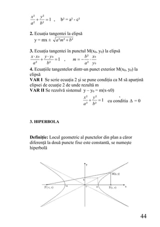 x² y ²
   +   =1 ,      b² = a² - c²
a ² b²

2. Ecuaţia tangentei la elipsă
   y = mx ± a ² m² + b²

3. Ecuaţia tangentei în punctul M(x0, y0) la elipsă
 x ⋅ x0 y ⋅ y0                 b² x0
       +       =1 ,      m=− ⋅
  a²      b²                   a² y0
4. Ecuaţiile tangentelor dintr-un punct exterior M(x0, y0) la
elipsă
VAR I Se scrie ecuaţia 2 şi se pune condiţia ca M să aparţină
elipsei de ecuaţie 2 de unde rezultă m
VAR II Se rezolvă sistemul y – y0 = m(x-x0)
                               x² y ²              ,
                                  +   = 1 cu conditia Δ = 0
                               a ² b²


3. HIPERBOLA


Definiţie: Locul geometric al punctelor din plan a căror
diferenţă la două puncte fixe este constantă, se numeşte
hiperbolă




                                                           44
 