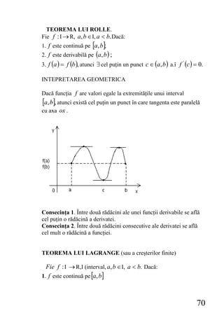 TEOREMA LUI ROLLE.
Fie f : I → R, a, b ∈ I, a < b. Dacă:
1. f este continuă pe [a,b];
2. f este derivabilă pe (a, b ) ;
3. f (a ) = f (b ), atunci ∃ cel puţin un punct c ∈ (a, b ) a.î f ' (c ) = 0.

INTEPRETAREA GEOMETRICA

Dacă funcţia f are valori egale la extremităţile unui interval
[a,b], atunci există cel puţin un punct în care tangenta este paralelă
cu axa ox .




Consecinţa 1. Între două rădăcini ale unei funcţii derivabile se află
cel puţin o rădăcină a derivatei.
Consecinţa 2. Între două rădăcini consecutive ale derivatei se află
cel mult o rădăcină a funcţiei.


TEOREMA LUI LAGRANGE (sau a creşterilor finite)

  Fie f : I → R,I (interval, a, b ∈ I, a < b. Dacă:
1. f este continuă pe [a, b]



                                                                         70
 