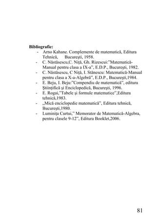 Bibliografie:
    - Arno Kahane. Complemente de matematică, Editura
       Tehnică, Bucureşti, 1958.
   - C. Năstăsescu,C. Niţă, Gh. Rizescui:”Matematică-
       Manual pentru clasa a IX-a”, E.D.P., Bucureşti, 1982.
   - C. Năstăsescu, C Niţă, I. Stănescu: Matematică-Manual
       pentru clasa a X-a-Algebră”, E.D.P., Bucureşti,1984.
   - E. Beju, I. Beju:”Compendiu de matematică”, editura
       Ştiinţifică şi Enciclopedică, Bucureşti, 1996.
   - E. Rogai,”Tabele şi formule matematice”,Editura
       tehnică,1983.
   - „Mică enciclopedie matematică”, Editura tehnică,
       Bucureşti,1980.
   - Luminiţa Curtui,” Memorator de Matematică-Algebra,
       pentru clasele 9-12”, Editura Booklet,2006.




                                                         81
 