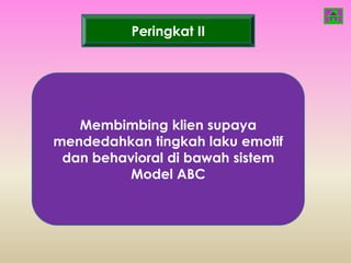 Peringkat II




   Membimbing klien supaya
mendedahkan tingkah laku emotif
 dan behavioral di bawah sistem
          Model ABC
 