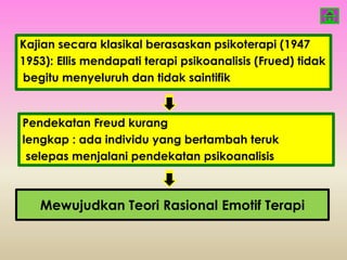 Kajian secara klasikal berasaskan psikoterapi (1947
1953): Ellis mendapati terapi psikoanalisis (Frued) tidak
begitu menyeluruh dan tidak saintifik


Pendekatan Freud kurang
lengkap : ada individu yang bertambah teruk
 selepas menjalani pendekatan psikoanalisis



   Mewujudkan Teori Rasional Emotif Terapi
 