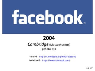 2004
Cambridge (Massachusetts)
generalista
http://it.wikipedia.org/wiki/Facebook+info 
indirizzo  https://www.facebook.com/
15 di 147
 