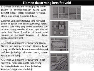 Elemen dasar yang bersifat void
1. Elemen void sistem tertutup yang linear
Sistem ini memperhatikan ruang yang
bersifat linear tetapi kesannya tertutup.
Elemen ini sering dijumpai di kota.
2. Elemen void sistem tertutup yang memusat
Sistem ini sudah lebih sedikit jumlahnya karena
memiliki pola ruang yang berkesan terfokus dan
tertutup. Ruang tersebut di kota dapat diamati
pada skala besar (misalnya di pusat kota)
maupun di berbagai kawasan (di dalam
kampung dan lain-lain).

3. Elemen void sistem terbuka yang sentral
Sistem ini memperlihatkan dimana kesan
ruang bersifat terbuka namun masih tampak
terfokus (misalnya alunalun besar, taman
kota dan lain-lain)
4. Elemen void sistem terbuka yang linear
Sistem ini merupakan pola ruang yang
berkesan terbuka dan linear (misalnya
kawasan sungai dan lain-lain)
 