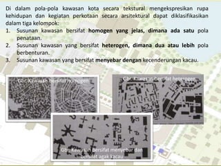 Di dalam pola-pola kawasan kota secara tekstural mengekspresikan rupa
kehidupan dan kegiatan perkotaan secara arsitektural dapat diklasifikasikan
dalam tiga kelompok:
1. Susunan kawasan bersifat homogen yang jelas, dimana ada satu pola
    penataan.
2. Susunan kawasan yang bersifat heterogen, dimana dua atau lebih pola
    berbenturan.
3. Susunan kawasan yang bersifat menyebar dengan kecenderungan kacau.


    Gbr. Kawasan bersifat homogen             Gbr. Kawasan bersifat heterogen




                     Gbr. Kawasan bersifat menyebar dan
                             bersifat agak kacau
 