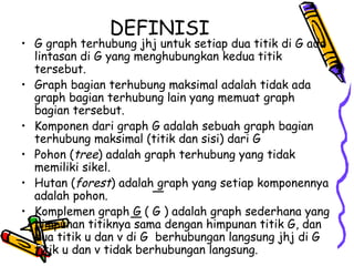 DEFINISI G graph terhubung jhj untuk setiap dua titik di G ada lintasan di G yang menghubungkan kedua titik tersebut. Graph bagian terhubung maksimal adalah tidak ada graph bagian terhubung lain yang memuat graph bagian tersebut. Komponen dari graph G adalah sebuah graph bagian terhubung maksimal (titik dan sisi) dari G Pohon ( tree ) adalah graph terhubung yang tidak memiliki sikel. Hutan ( forest ) adalah graph yang setiap komponennya adalah pohon. Komplemen graph G ( G ) adalah graph sederhana yang himpunan titiknya sama dengan himpunan titik G, dan dua titik u dan v di G  berhubungan langsung jhj di G titik u dan v tidak berhubungan langsung. 
