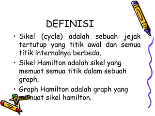 DEFINISI Sikel (cycle) adalah sebuah jejak tertutup yang titik awal dan semua titik internalnya berbeda. Sikel Hamilton adalah sikel yang memuat semua titik dalam sebuah graph. Graph Hamilton adalah graph yang memuat sikel hamilton. 