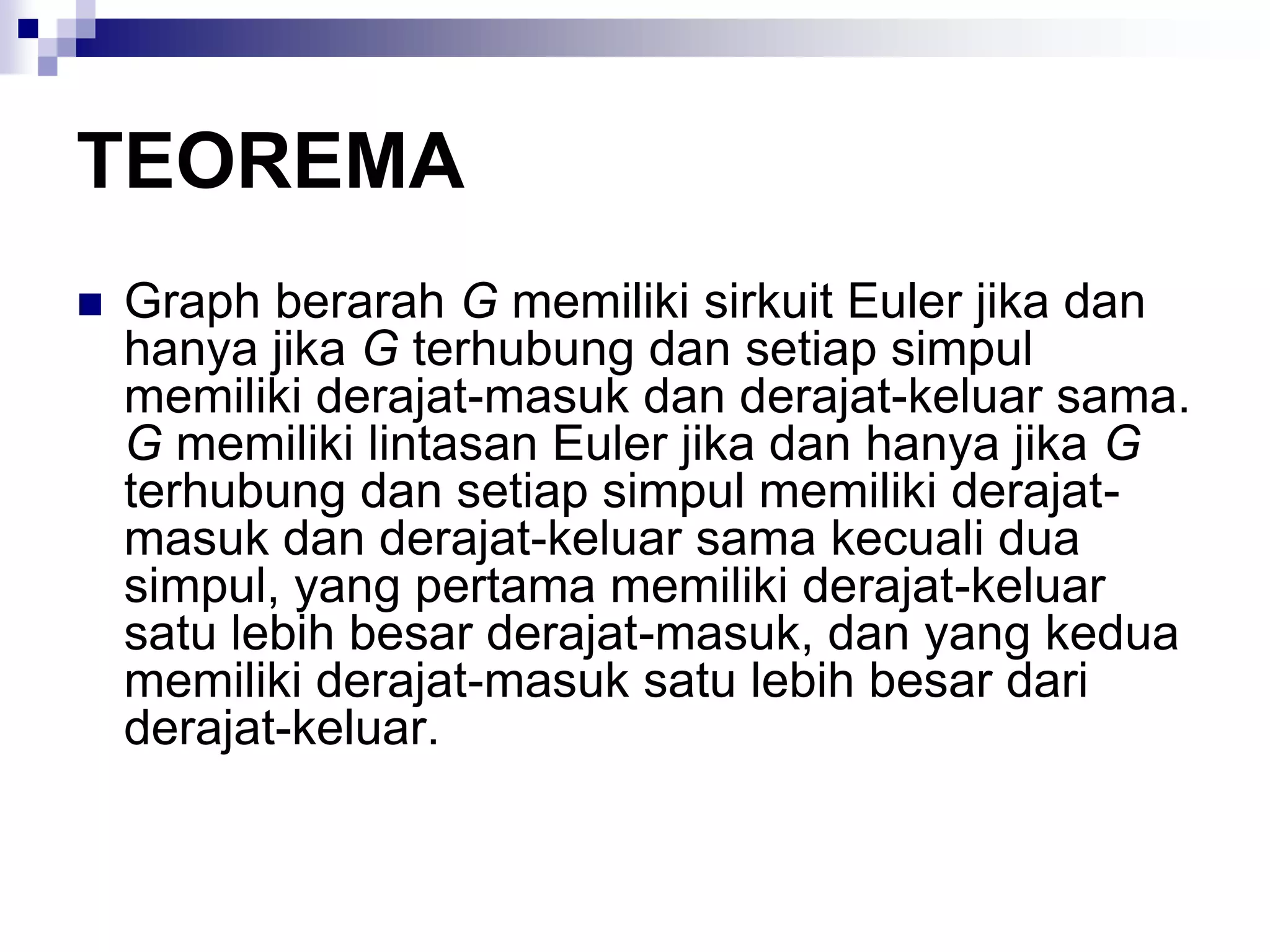 TEOREMA
   Graph berarah G memiliki sirkuit Euler jika dan
    hanya jika G terhubung dan setiap simpul
    memiliki derajat-masuk dan derajat-keluar sama.
    G memiliki lintasan Euler jika dan hanya jika G
    terhubung dan setiap simpul memiliki derajat-
    masuk dan derajat-keluar sama kecuali dua
    simpul, yang pertama memiliki derajat-keluar
    satu lebih besar derajat-masuk, dan yang kedua
    memiliki derajat-masuk satu lebih besar dari
    derajat-keluar.
 