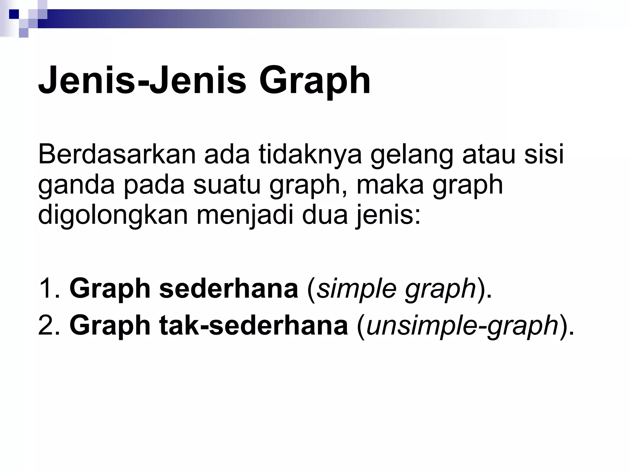 Jenis-Jenis Graph
Berdasarkan ada tidaknya gelang atau sisi
ganda pada suatu graph, maka graph
digolongkan menjadi dua jenis:

1. Graph sederhana (simple graph).
2. Graph tak-sederhana (unsimple-graph).
 