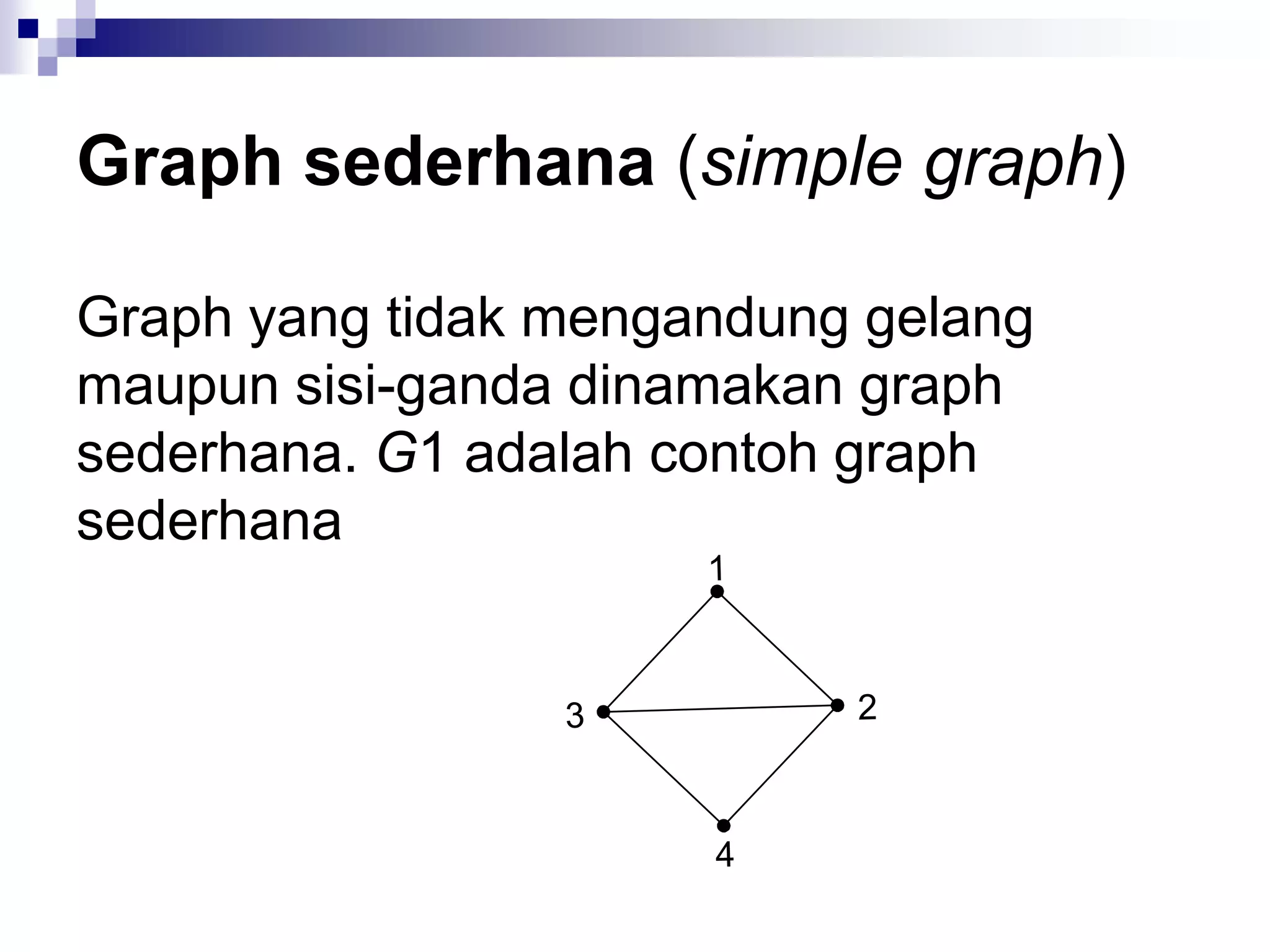 Graph sederhana (simple graph)

Graph yang tidak mengandung gelang
maupun sisi-ganda dinamakan graph
sederhana. G1 adalah contoh graph
sederhana
 