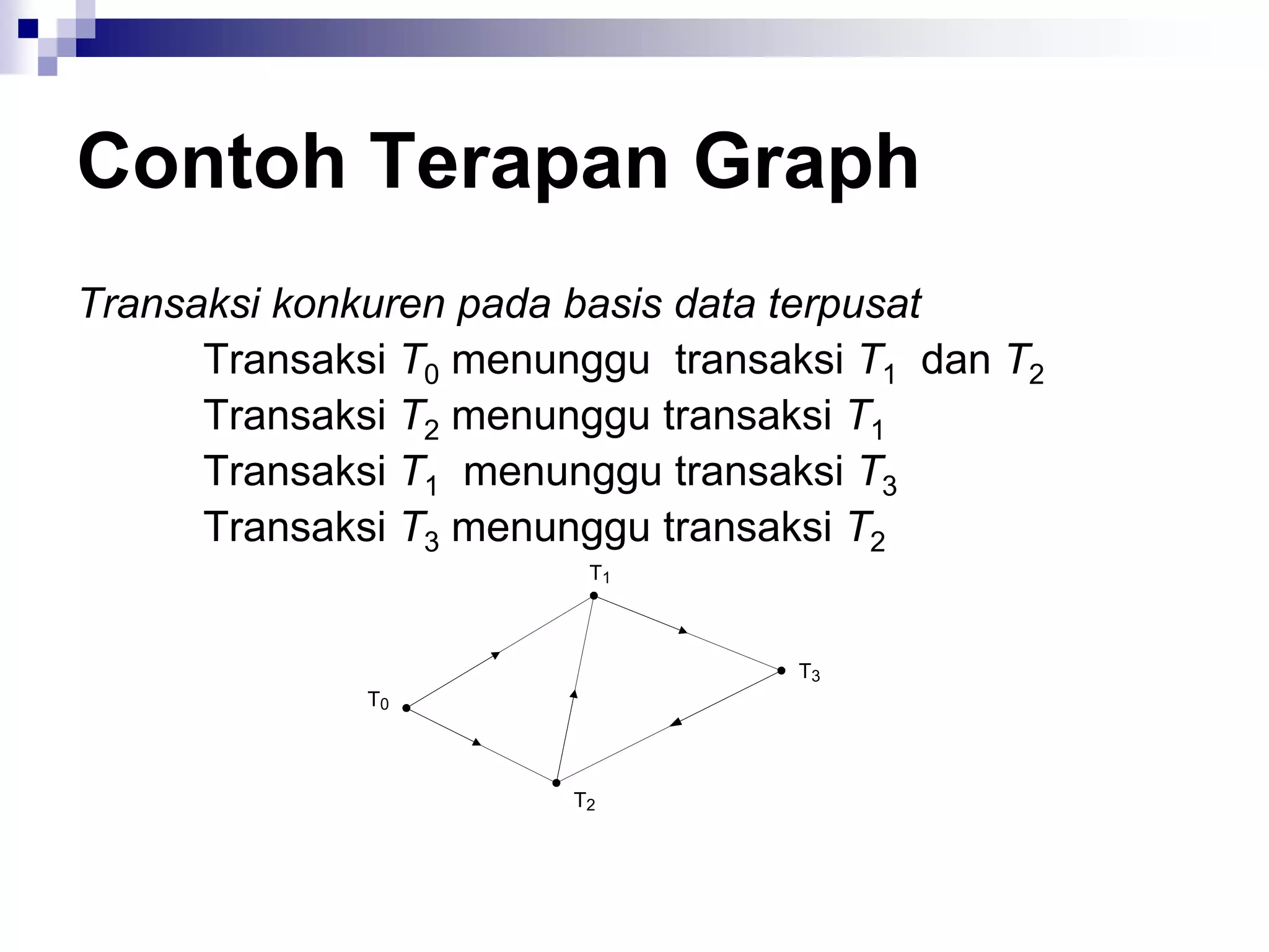 Contoh Terapan Graph
Transaksi konkuren pada basis data terpusat
      Transaksi T0 menunggu transaksi T1 dan T2
      Transaksi T2 menunggu transaksi T1
      Transaksi T1 menunggu transaksi T3
      Transaksi T3 menunggu transaksi T2
                         T1



                                   T3
              T0



                        T2
 