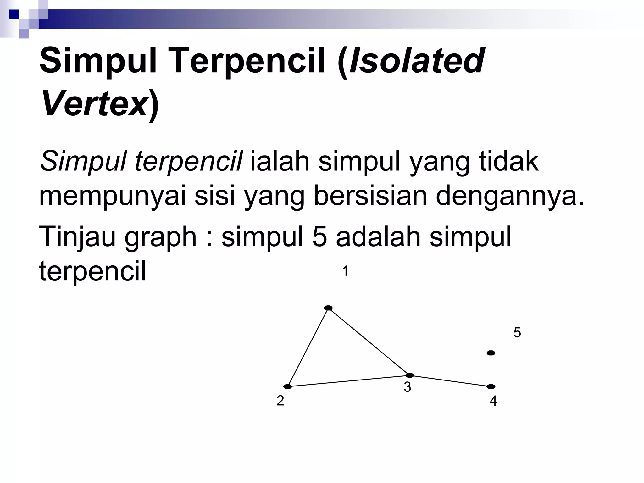 Simpul Terpencil (Isolated
Vertex)
Simpul terpencil ialah simpul yang tidak
mempunyai sisi yang bersisian dengannya.
Tinjau graph : simpul 5 adalah simpul
terpencil                1



                                     5


                          3
                 2               4
 