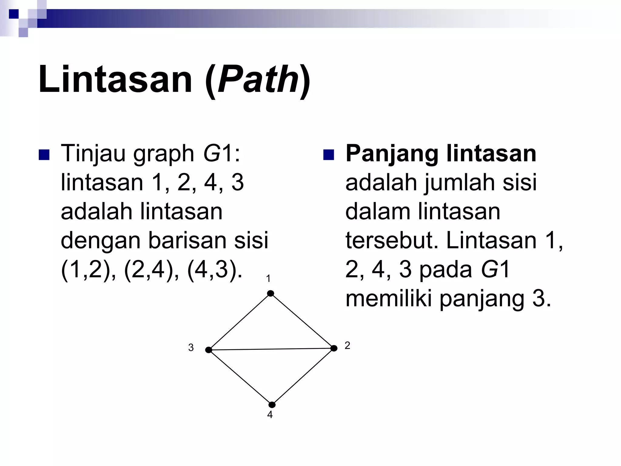 Lintasan (Path)
   Tinjau graph G1:          Panjang lintasan
    lintasan 1, 2, 4, 3        adalah jumlah sisi
    adalah lintasan            dalam lintasan
    dengan barisan sisi        tersebut. Lintasan 1,
    (1,2), (2,4), (4,3).       2, 4, 3 pada G1
                               memiliki panjang 3.
 