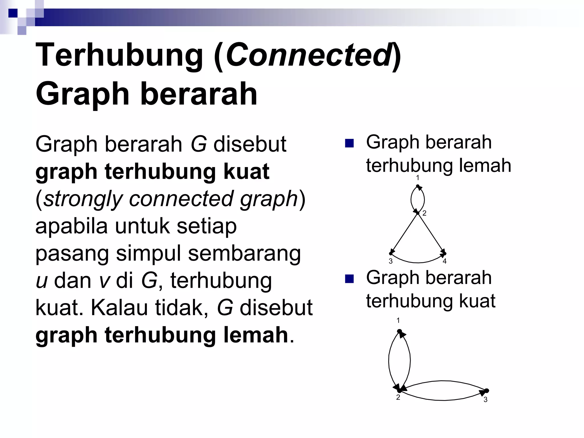 Terhubung (Connected)
Graph berarah
Graph berarah G disebut           Graph berarah
graph terhubung kuat               terhubung lemah
                                             1


(strongly connected graph)                       2

apabila untuk setiap
pasang simpul sembarang              3               4


u dan v di G, terhubung           Graph berarah
kuat. Kalau tidak, G disebut       terhubung kuat
                                         1

graph terhubung lemah.

                                         2               3
 