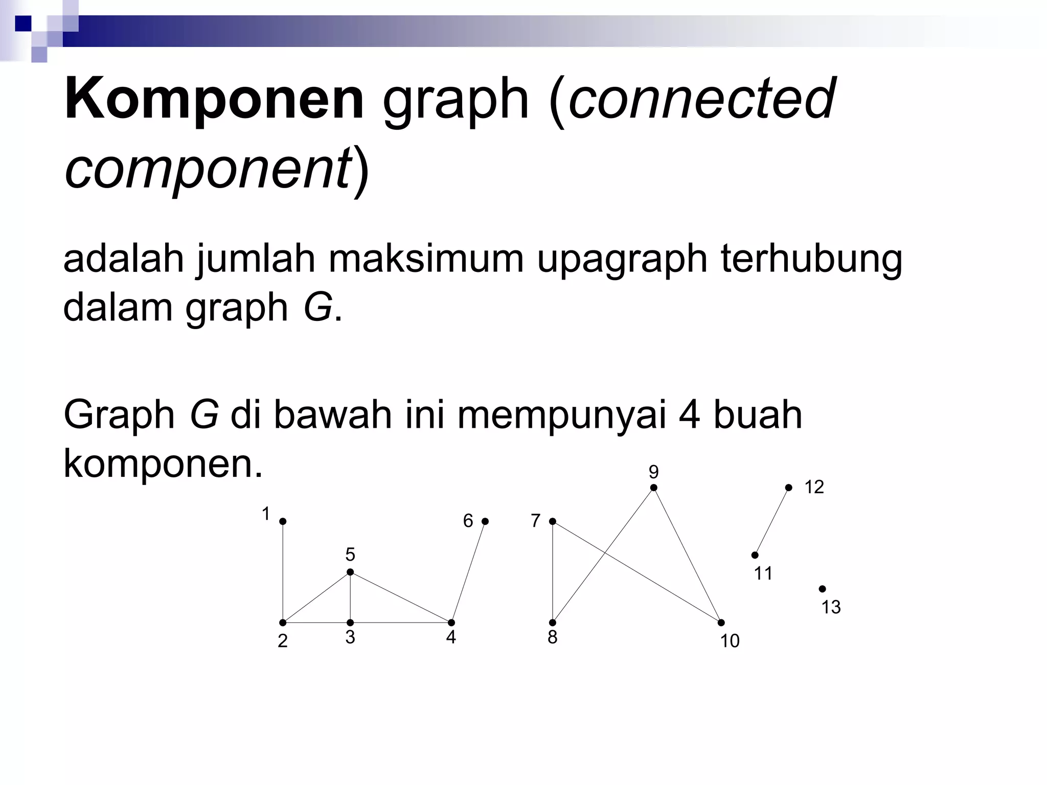 Komponen graph (connected
component)
adalah jumlah maksimum upagraph terhubung
dalam graph G.

Graph G di bawah ini mempunyai 4 buah
komponen.                    9
                                      12
          1               6   7
                  5
                                           11
                                                13
              2   3   4           8   10
 