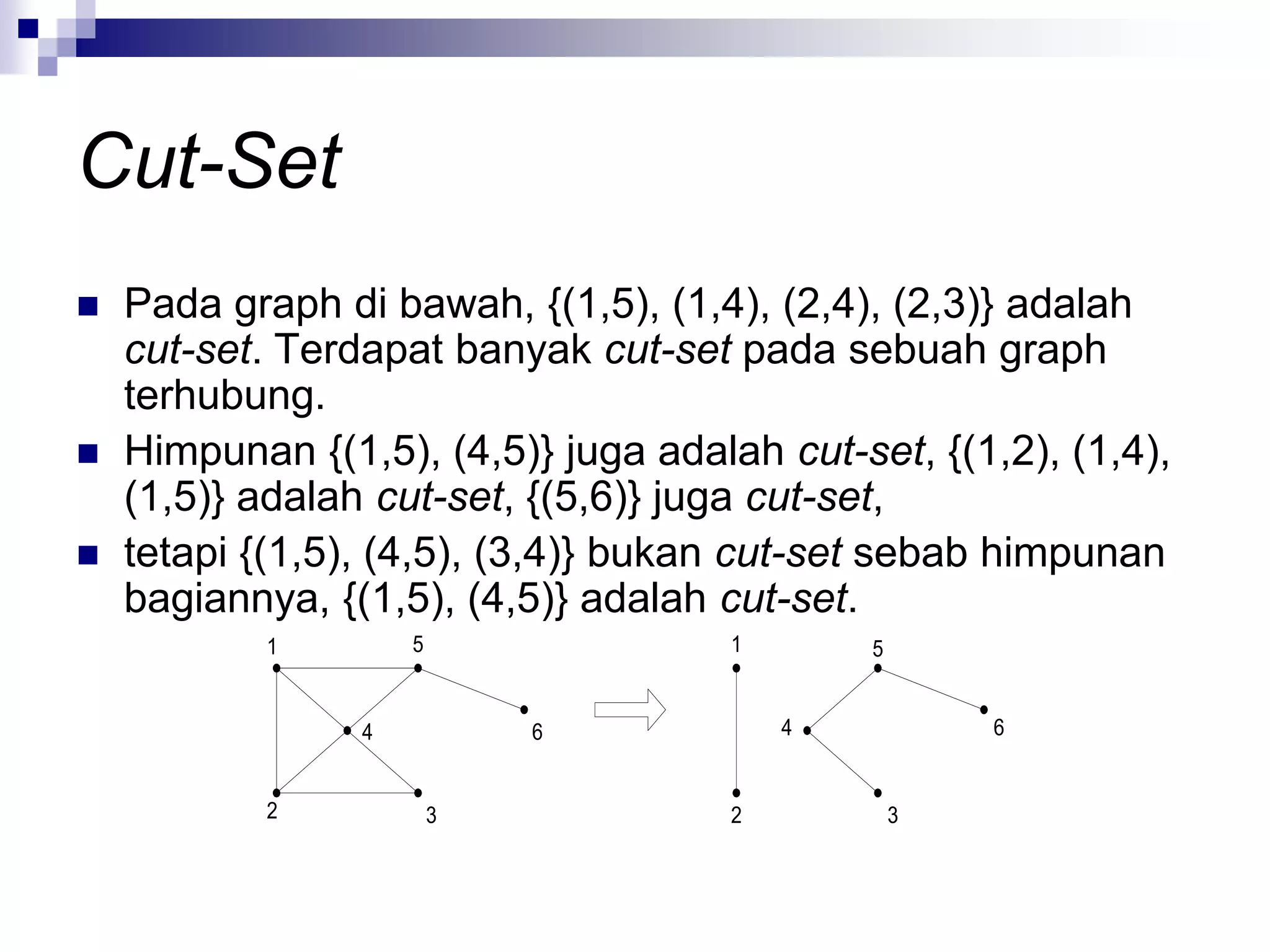 Cut-Set
   Pada graph di bawah, {(1,5), (1,4), (2,4), (2,3)} adalah
    cut-set. Terdapat banyak cut-set pada sebuah graph
    terhubung.
   Himpunan {(1,5), (4,5)} juga adalah cut-set, {(1,2), (1,4),
    (1,5)} adalah cut-set, {(5,6)} juga cut-set,
   tetapi {(1,5), (4,5), (3,4)} bukan cut-set sebab himpunan
    bagiannya, {(1,5), (4,5)} adalah cut-set.
            1        5                1       5


                 4           6            4           6


            2            3            2           3
 