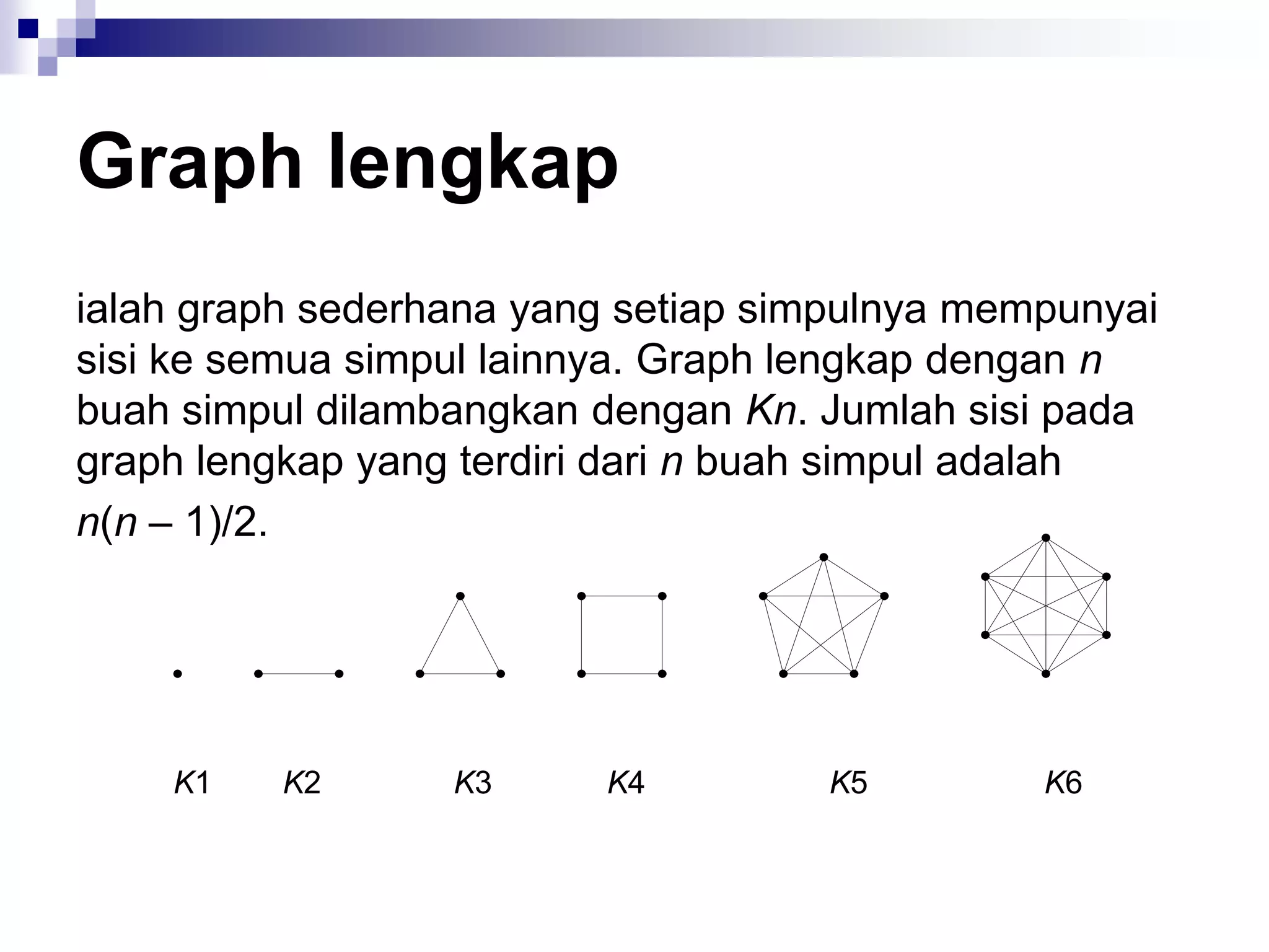 Graph lengkap
ialah graph sederhana yang setiap simpulnya mempunyai
sisi ke semua simpul lainnya. Graph lengkap dengan n
buah simpul dilambangkan dengan Kn. Jumlah sisi pada
graph lengkap yang terdiri dari n buah simpul adalah
n(n – 1)/2.




    K1    K2      K3     K4         K5         K6
 