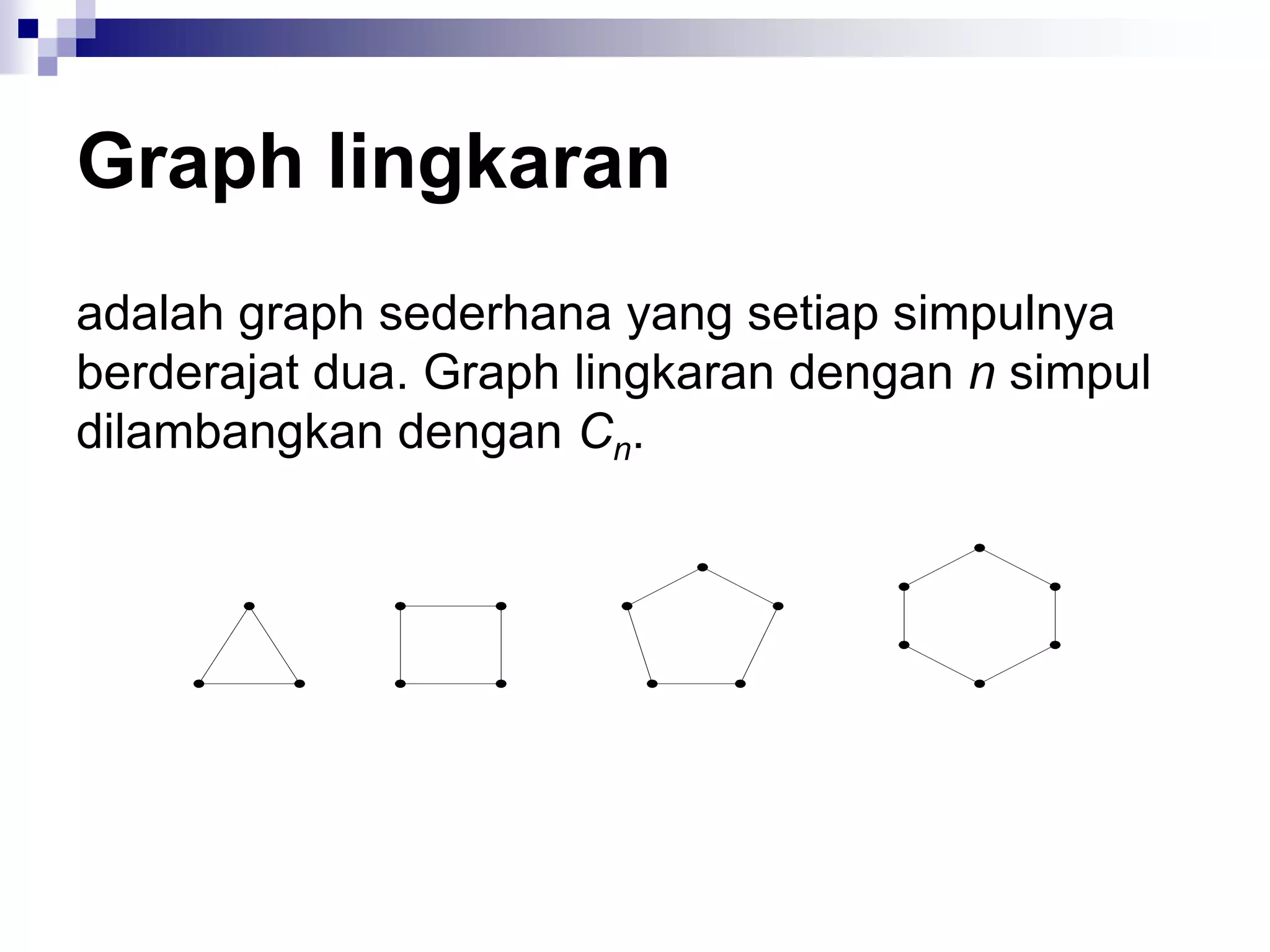 Graph lingkaran
adalah graph sederhana yang setiap simpulnya
berderajat dua. Graph lingkaran dengan n simpul
dilambangkan dengan Cn.
 