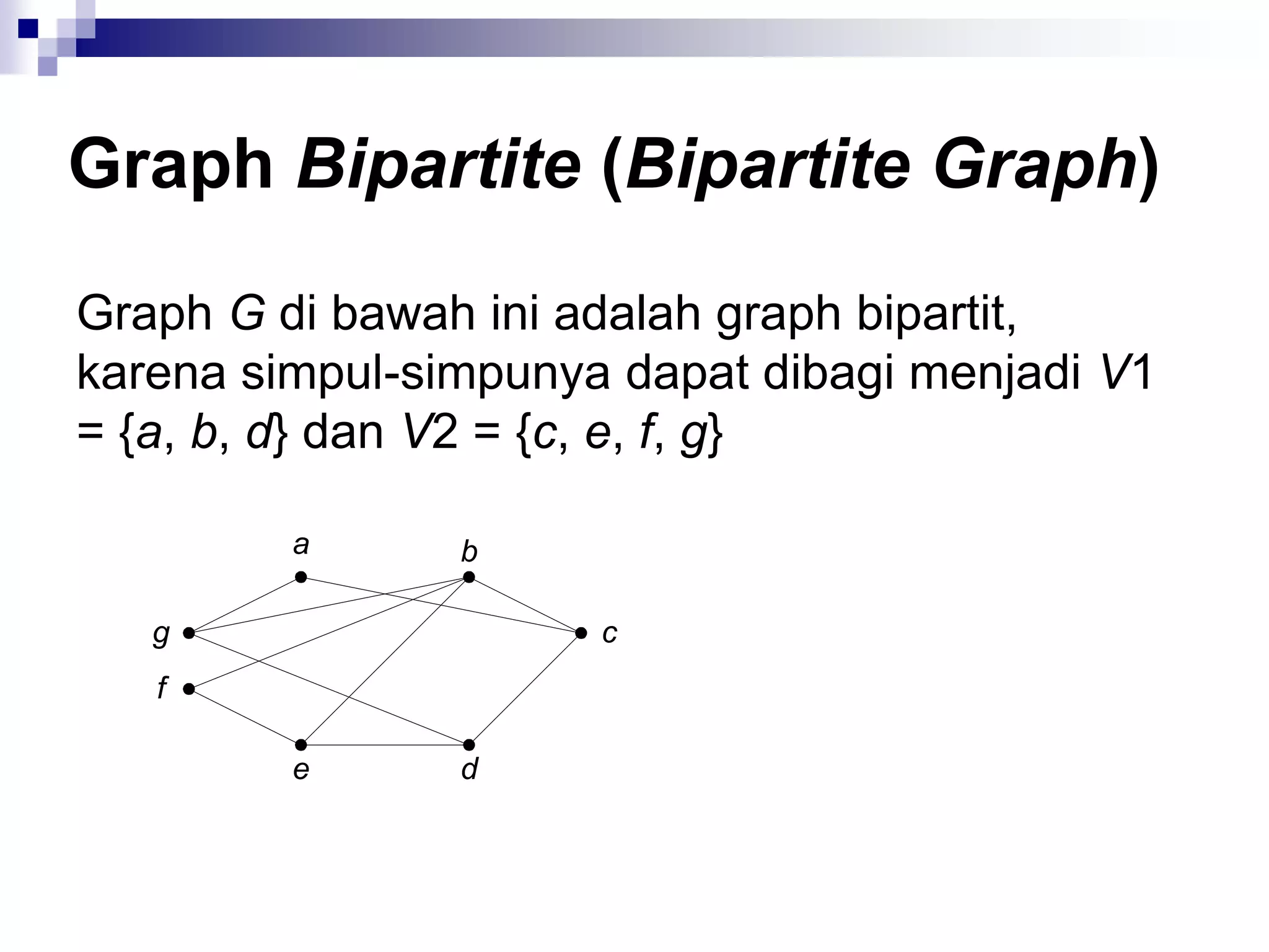 Graph Bipartite (Bipartite Graph)

Graph G di bawah ini adalah graph bipartit,
karena simpul-simpunya dapat dibagi menjadi V1
= {a, b, d} dan V2 = {c, e, f, g}

         a      b

   g                  c
   f

         e      d
 