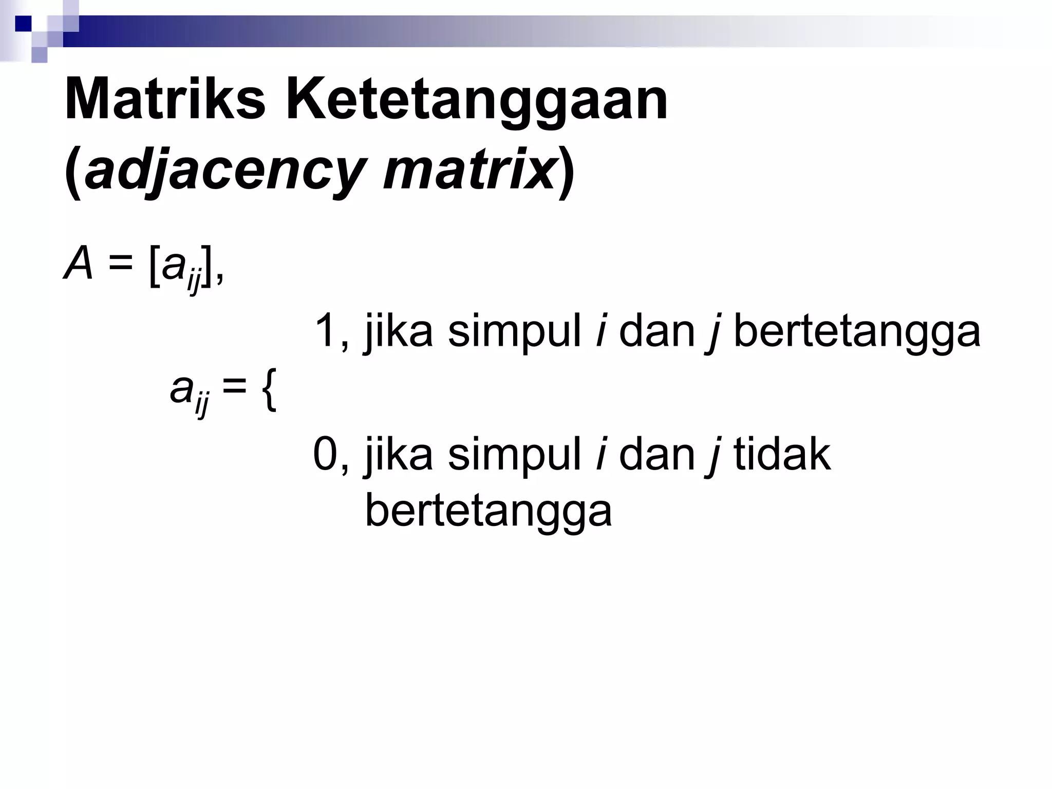 Matriks Ketetanggaan
(adjacency matrix)
A = [aij],
                1, jika simpul i dan j bertetangga
      aij = {
                0, jika simpul i dan j tidak
                   bertetangga
 