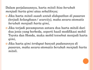 Dalam perjalanannya, harta mitsli bisa berubah
menjadi harta qimi atau sebaliknya;
 Jika harta mitsli susah untuk didapatkan di pasaran
(terjadi kelangkaan/ scarcity), maka secara otomatis
berubah menjadi harta qimi,
 Jika terjadi pecampuran antara dua harta mitsli dari
dua jenis yang berbeda, seperti hasil modifikasi mobil
Toyota dan Honda, maka mobil tersebut menjadi harta
qimi,
 Jika harta qimi terdapat banyak padanannya di
pasaran, maka secara otomatis berubah menjadi harta
mitsli.
 