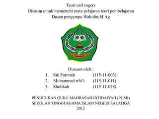 Teori carl rogers
Disusun untuk memenuhi mata pelajaran teori pembelajaran
            Dosen pengampu Wahidin,M.Ag




                       Disusun oleh :
         1.   Siti Fatimah           (115-11-003)
         2.   Muhammad rifa’i        (115-11-011)
         3.   Sholikah               (115-11-028)

  PENDIDIKAN GURU MADRASAH IBTIDAIYAH (PGMI)
  SEKOLAH TINGGI AGAMA ISLAM NEGERI SALATIGA
                     2012
 