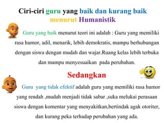 Ciri-ciri guru yang baik dan kurang baik
menurut Humanistik
Guru yang baik menurut teori ini adalah : Guru yang memiliki
rasa humor, adil, menarik, lebih demokratis, mampu berhubungan
dengan siswa dengan mudah dan wajar.Ruang kelas lebih terbuka
dan mampu menyesuaikan pada perubahan.

Sedangkan
Guru yang tidak efektif adalah guru yang memiliki rasa humor
yang rendah ,mudah menjadi tidak sabar ,suka melukai perasaan
siswa dengan komentar yang menyakitkan,bertindak agak otoriter,
dan kurang peka terhadap perubahan yang ada.

 