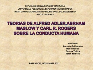 REPÚBLICA BOLIVARIANA DE VENEZUELA
   UNIVERSIDAD PEDAGÓGICA EXPERIMENTAL LIBERTADOR
INSTITUTO DE MEJORAMIENTO PROFESIONAL DEL MAGISTERIO
                    NÚCLEO BARINAS




                                             AUTORES:
                                         Armario Guillermina
                                            Marín Manuel
                                           Santos Yelitza
                                           Terán Yorbelis



            BARRANCAS, NOVIEMBRE 2011
 